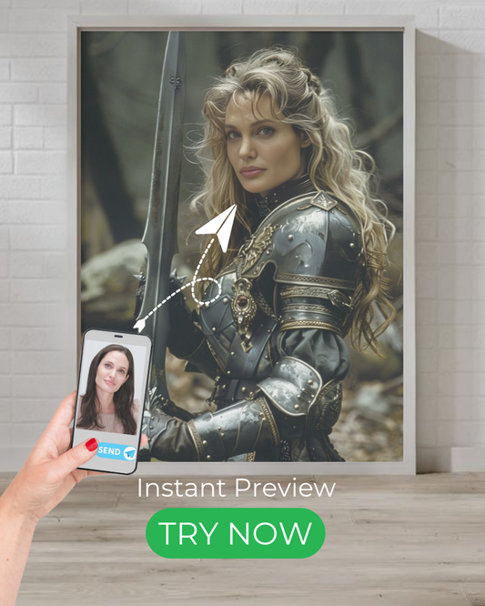 Fierce Warrior custom portrait featuring a powerful female knight in battle armor. Create a personalized digital artwork from your photo with instant preview.