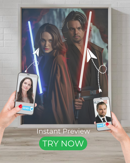 Custom sci-fi portrait featuring galactic warriors wielding glowing energy swords in a cinematic outer space battle setting.