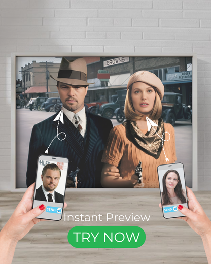 Custom 1920s gangster portrait featuring a vintage mobster couple in a Prohibition-era setting, created from your photo.