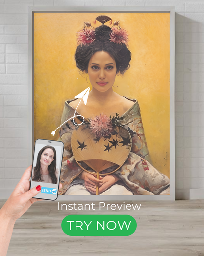 Geisha elegance custom portrait – Japanese-inspired artwork. Transform your photo into a timeless masterpiece with instant preview & professional touch.