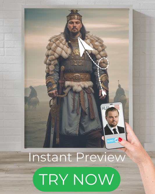 "Custom Mongol warrior portrait featuring a fierce steppe warlord in fur-lined armor, holding a sword – Personalized artwork from your photo."