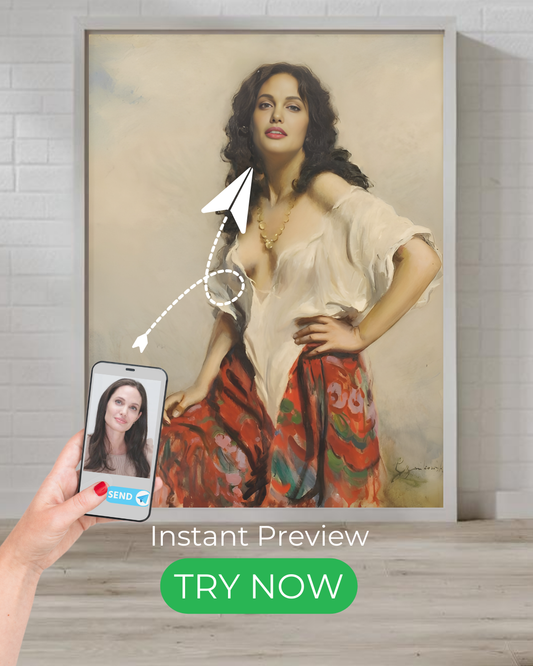 Custom gypsy-style portrait featuring a passionate and free-spirited woman in vibrant attire, transformed from your photo into a timeless artwork.