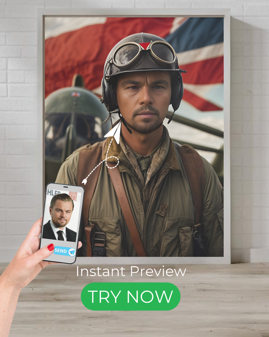 Custom pilot portrait featuring a heroic aviator with vintage military gear – personalized artwork from your photo.