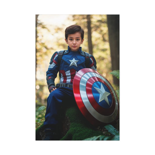 Custom portrait of child dressed as superhero with shield in a fantasy setting