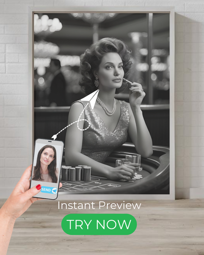 Custom Hollywood-style portrait of a glamorous woman in vintage attire, inspired by classic cinema and film noir aesthetics.