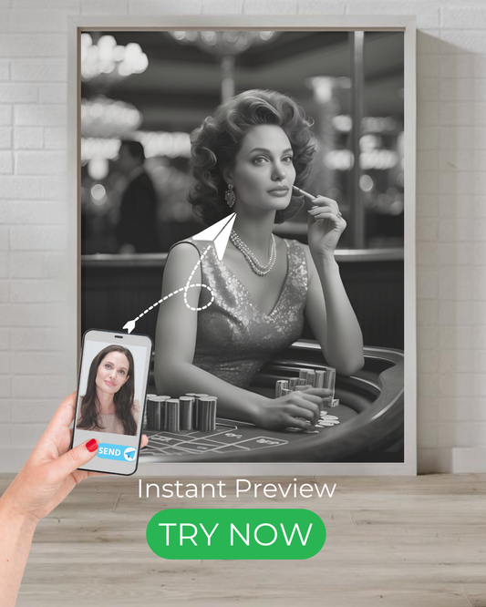 Custom Hollywood-style portrait of a glamorous woman in vintage attire, inspired by classic cinema and film noir aesthetics.