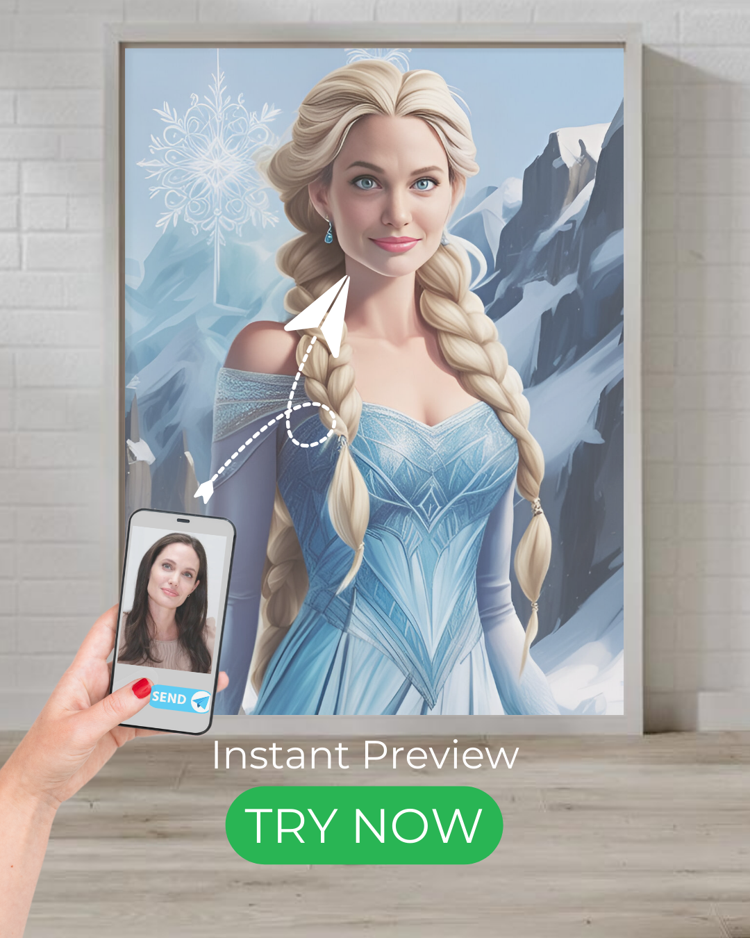 Fantasy ice queen custom portrait – personalized artwork with a magical winter theme, perfect for unique gifts and home decor.