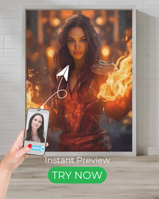 Custom fire sorceress portrait – personalized fantasy artwork from your photo
