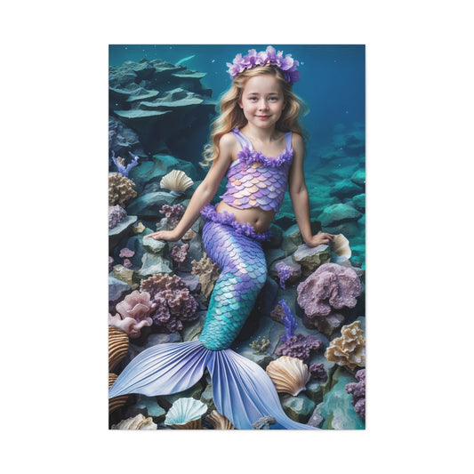 Custom little mermaid portrait, personalized from a photo – fantasy artwork, digital download or canvas print, perfect gift for kids who love the ocean.