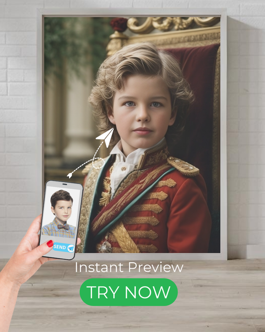 Custom portrait of a young boy dressed as a royal prince, wearing an elegant red military-style jacket with gold embroidery, creating a timeless regal look.