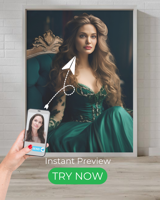 Custom portrait of a regal noblewoman in an elegant gown, designed with a luxury aesthetic.