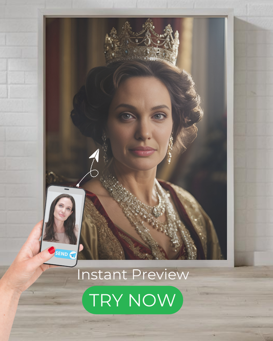 Custom regal portrait of an elegant queen in royal attire with a crown, designed as a unique, high-quality artwork.