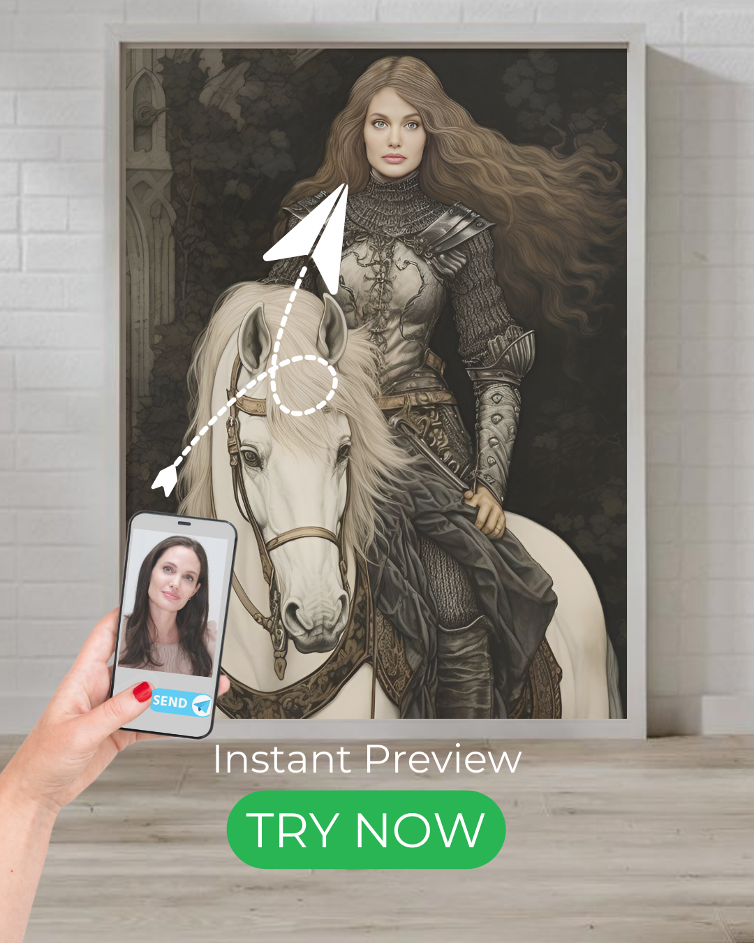Majestic Warrior custom portrait featuring a knight on horseback in medieval armor. Create a unique digital masterpiece from your photo with an instant preview.