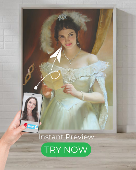 Custom masquerade portrait of a woman in a lavish ballroom gown, transformed from your photo into a timeless and elegant artwork.