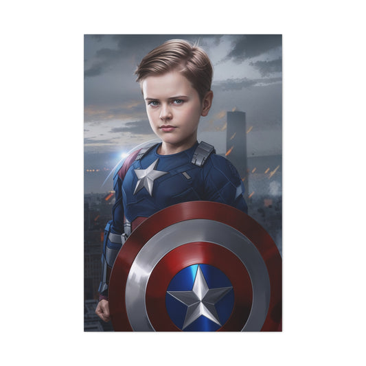 "custom portrait of child as Captain America superhero with shield, Avengers-inspired artwork"

