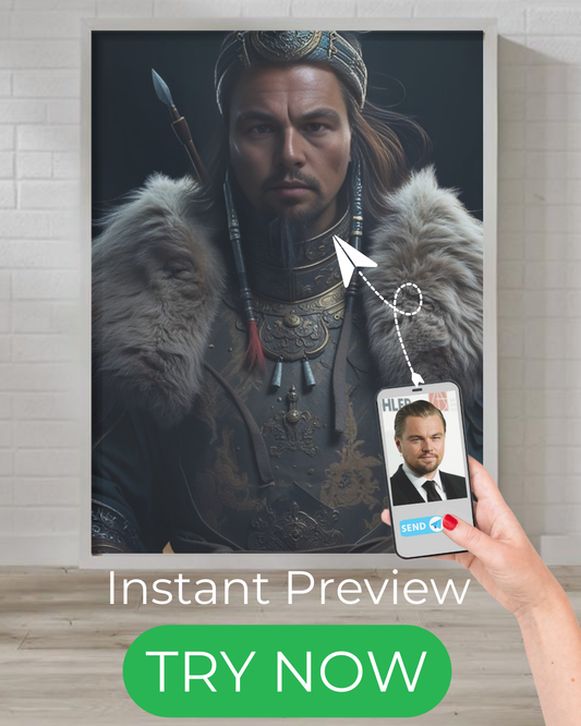 Custom Mongol warrior portrait featuring a fierce historical warrior in battle-ready armor with fur-lined attire – Personalized artwork from your photo.