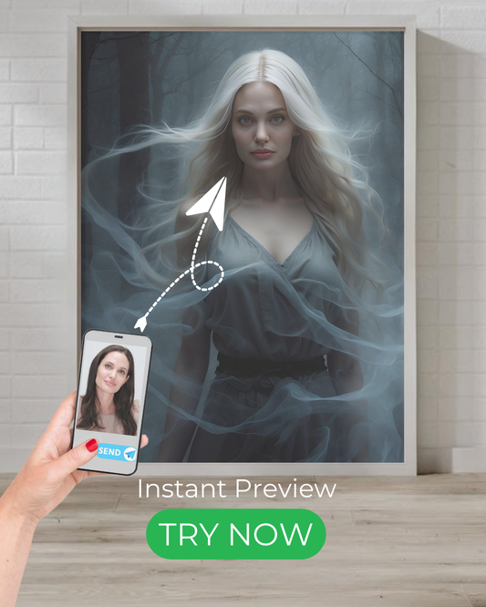 Mystic custom portrait of a ghostly woman in a foggy forest. Transform your photo into a supernatural fantasy portrait with ethereal beauty.