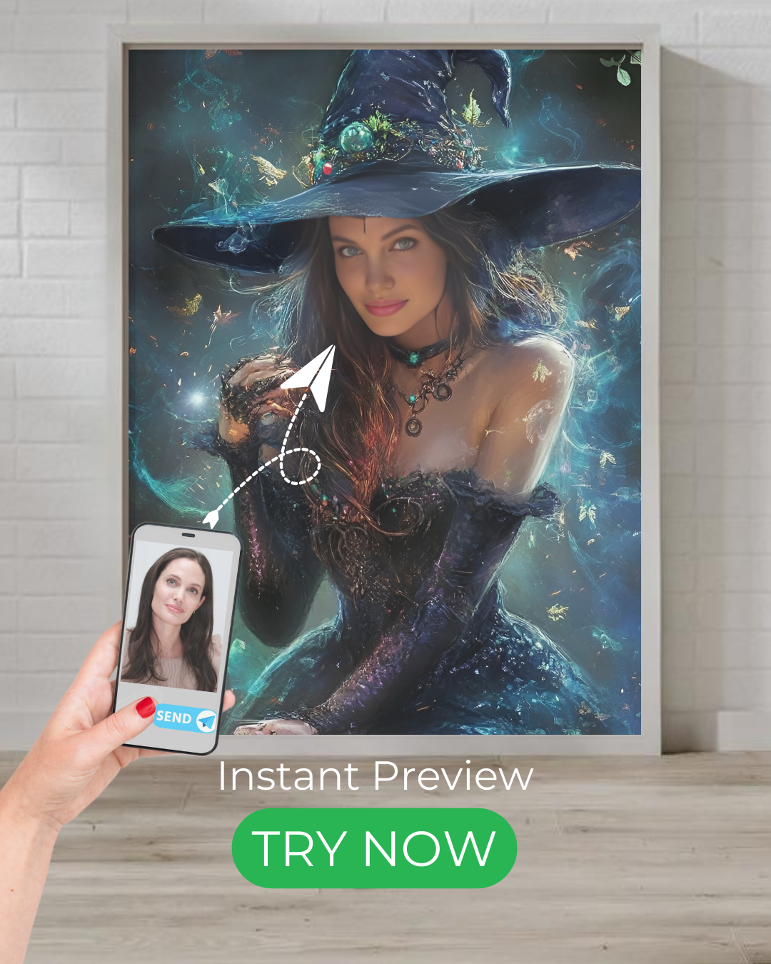 Custom witch portrait – fantasy artwork featuring a mystical sorceress, personalized from your photo.