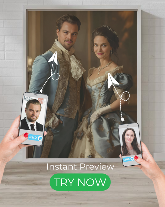 Custom royal portrait of a noble couple in luxurious 18th-century attire, inspired by vintage aristocratic elegance.