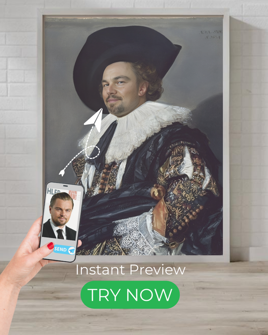 Custom portrait of a gentleman in a 17th-century noble outfit, wearing a large hat, detailed lace collar, and an elegant embroidered coat.