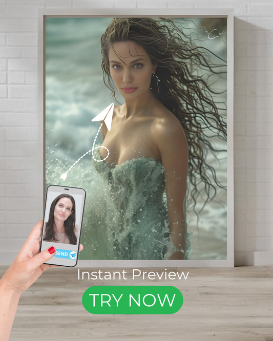 Custom ocean-themed portrait featuring an enchanting sea goddess with flowing water effects, perfect for mermaid and fantasy lovers.