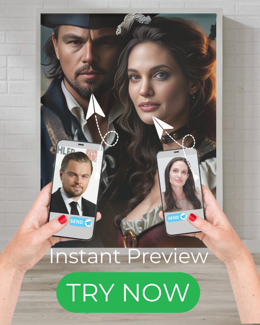 Custom pirate portrait featuring a dramatic pirate couple with a ship in the background, perfect for personalized artwork lovers.