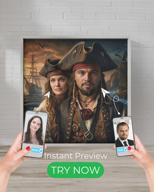 Custom pirate portrait featuring a fierce captain and adventurous first mate, created from your photos.
