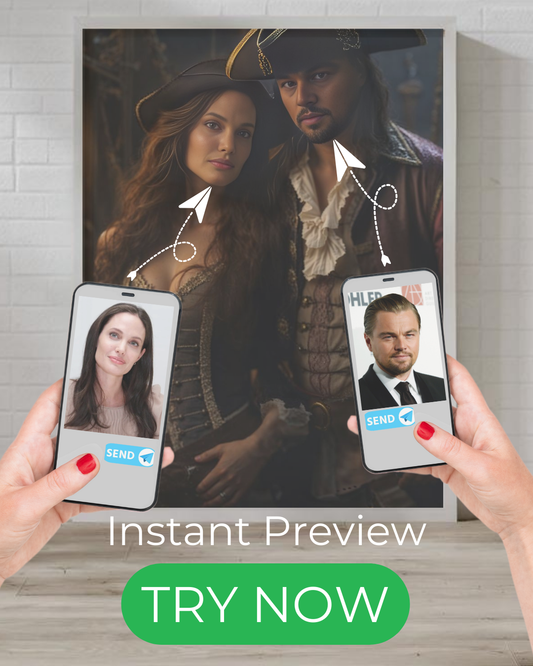 Custom pirate portrait featuring a romantic pirate couple in detailed historical attire.
