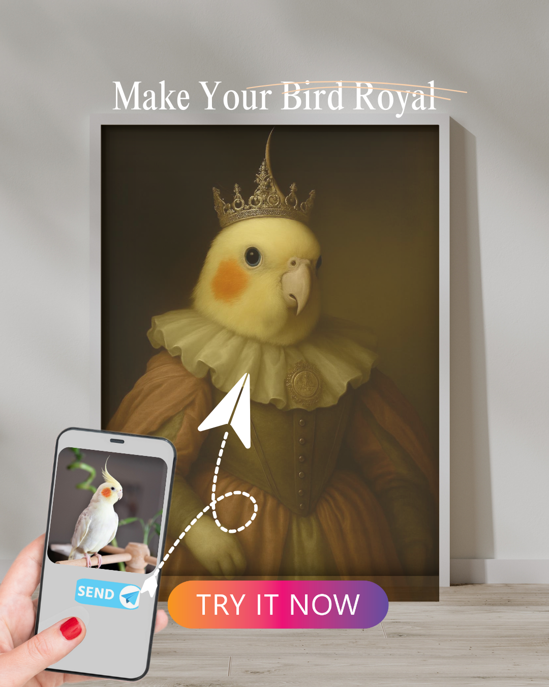 Cockatiel with soft yellow feathers and orange cheeks, dressed in royal attire and crowned, based on the bird’s photo uploaded from a phone.

