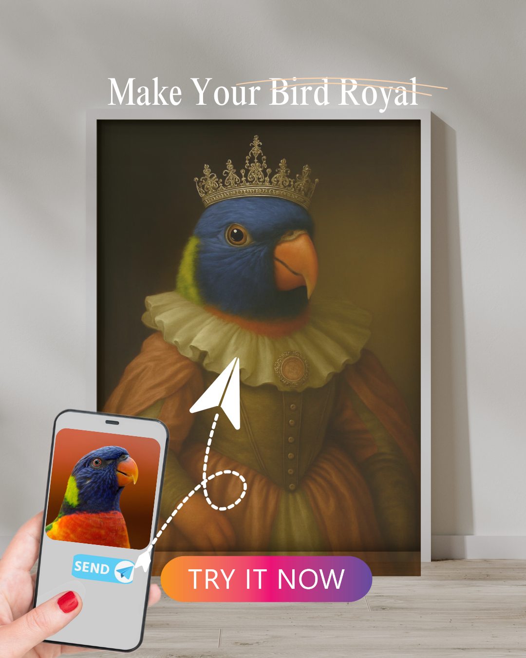 Green Amazon parrot in a royal outfit and ornate crown, digitally reimagined from a user-submitted photo shown on a mobile device.