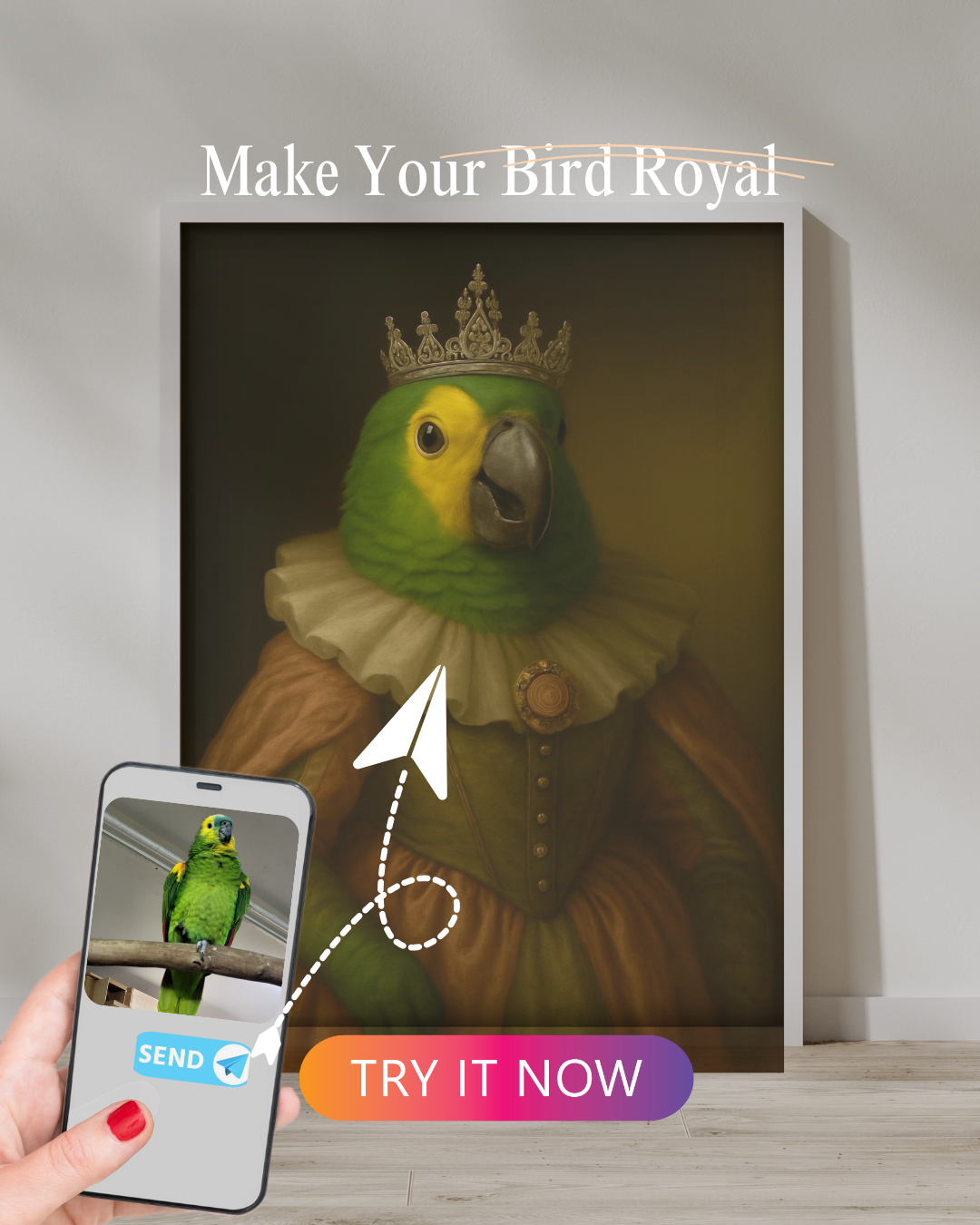 Custom royal lorikeet artwork featuring a majestic crown and historic costume, transformed from a colorful bird photo on a phone screen.

