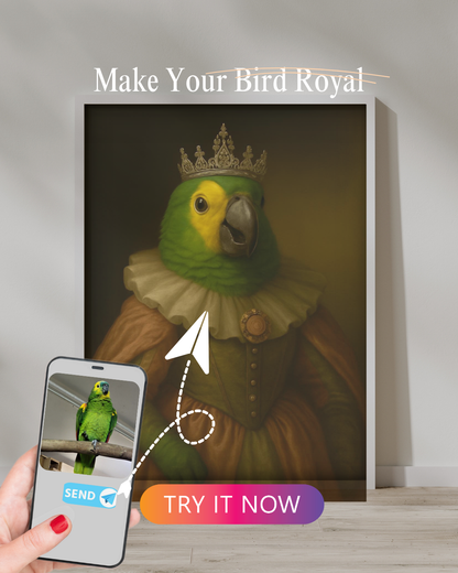 Custom royal lorikeet artwork featuring a majestic crown and historic costume, transformed from a colorful bird photo on a phone screen.

