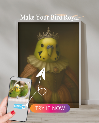 Regal yellow budgie portrait wearing a jeweled crown and elegant Renaissance-style gown, created from a real bird photo displayed on a smartphone.

