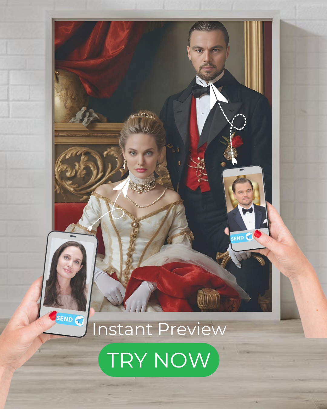 This image exudes elegance and the grandeur of a bygone era, capturing an aristocratic couple in a lavish setting. The woman, seated gracefully, wears a stunning white gown adorned with golden details, complemented by exquisite jewelry and a sparkling tiara. Her intense gaze reflects nobility and confidence. Beside her, the man dons a sophisticated black suit, accentuated by a deep red waistcoat and gold embellishments, adding a touch of prestige.

The opulent background, featuring rich red drapery and intr