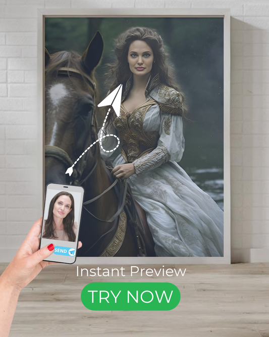 Custom portrait of a noble rider on horseback, historical-themed artwork from your photo.