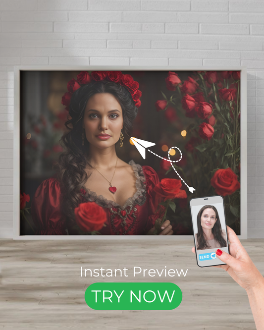 Custom romantic portrait of a queen in red roses, designed as an elegant, personalized artwork for timeless beauty and vintage-inspired decor.