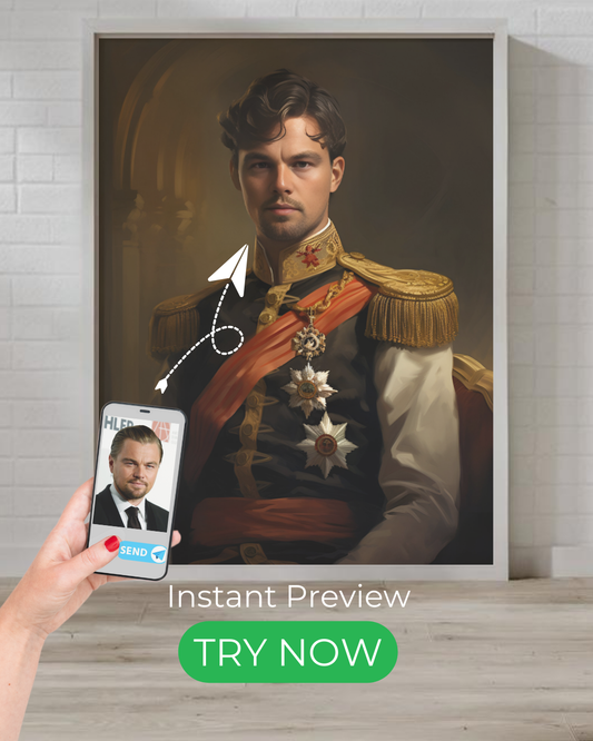 Custom portrait of a noble royal figure, created from customer photos with instant preview and professional artistry.