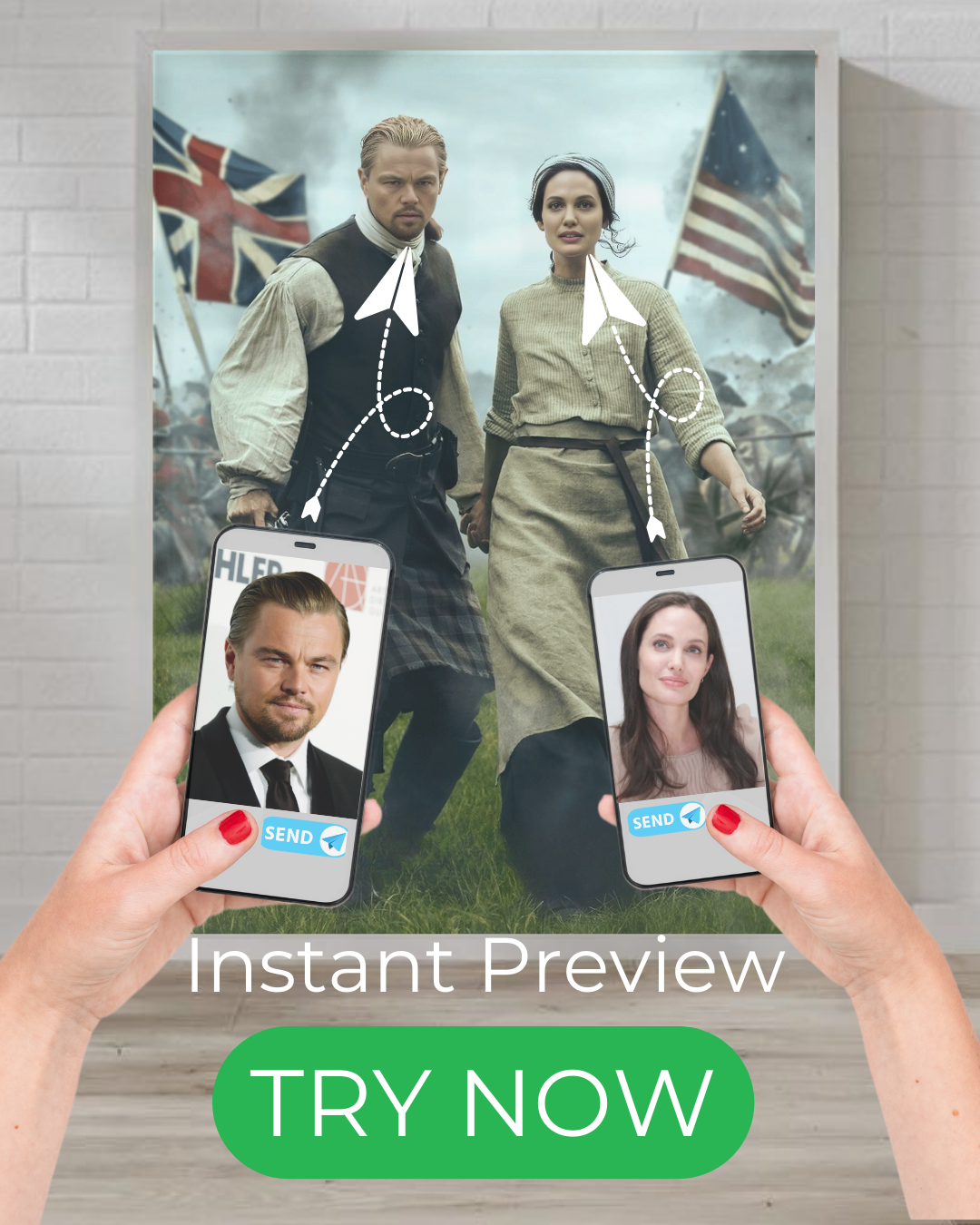 Custom portrait of a couple in Revolutionary War attire, holding hands amid battle, created from customer photos for a bold historical transformation.