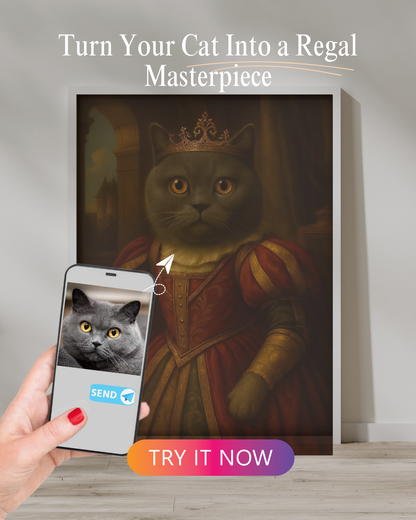 Custom portrait of a grey cat with golden eyes wearing a royal crown and red Renaissance gown, depicted in a Disney-style regal setting.

