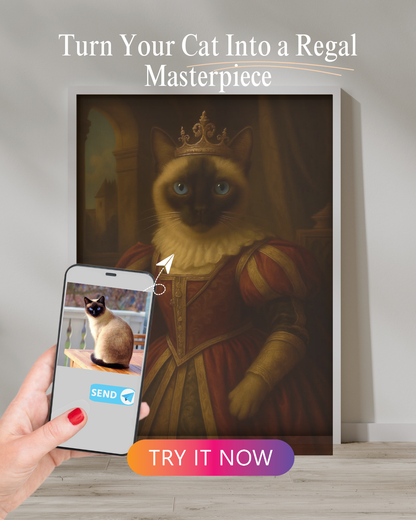 Disneyfied custom portrait of a Siamese cat wearing a crown and elegant royal dress in a classical indoor scene.