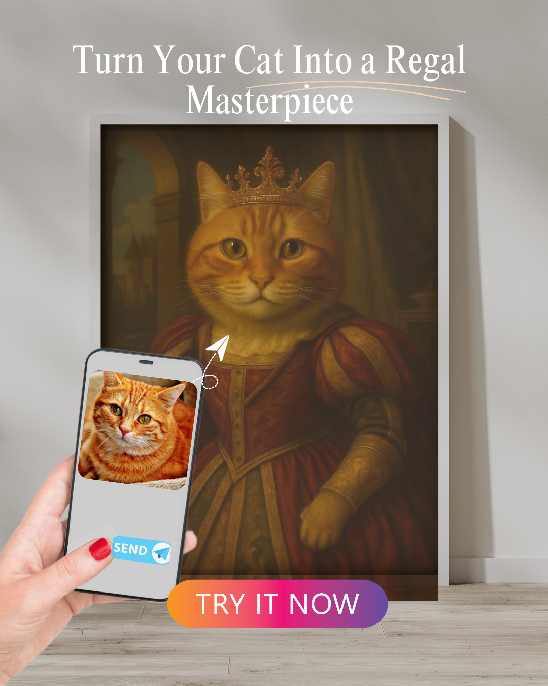 Custom artwork of an orange tabby cat in a queen's gown and crown, inspired by vintage royal portraits in animated style.