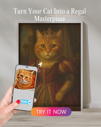 Custom artwork of an orange tabby cat in a queen's gown and crown, inspired by vintage royal portraits in animated style.