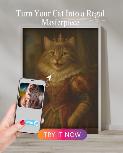 Fun and royal-style custom portrait of a smiling Maine Coon cat dressed as a queen, rendered in whimsical Disney-style art.
