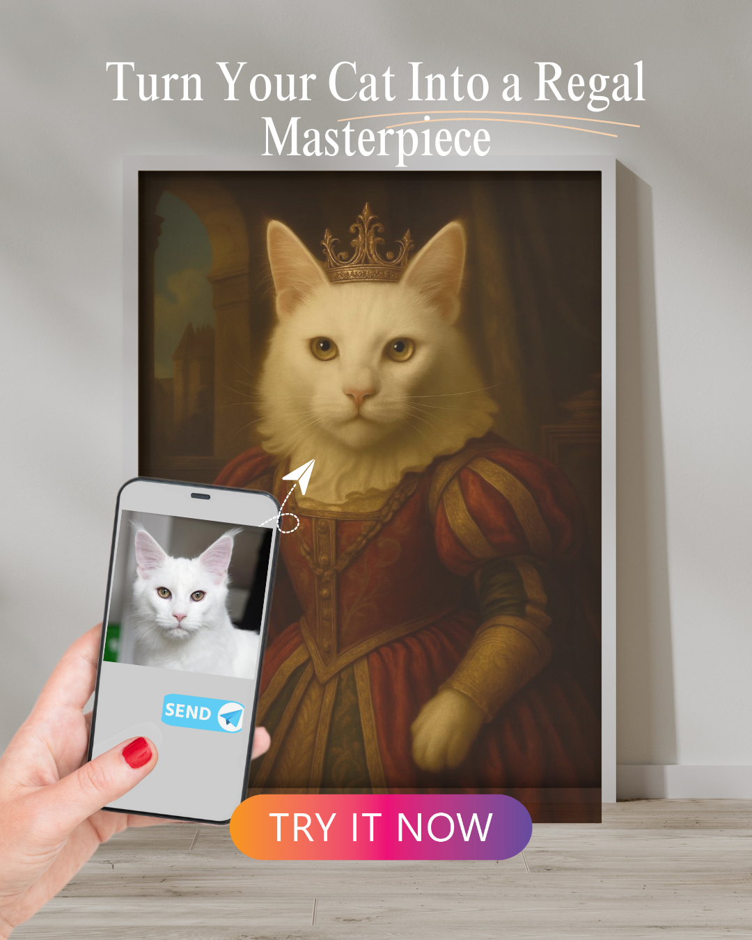 Personalized Disney-style portrait of a white cat with a royal crown and medieval queen attire, set in a classic palace background.