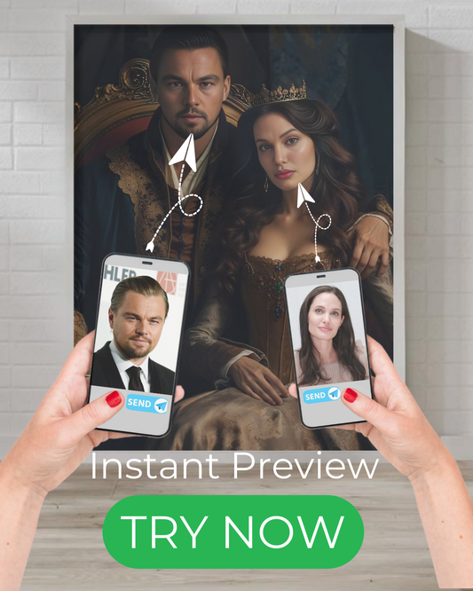 "custom renaissance royal couple portrait in regal golden attire"
