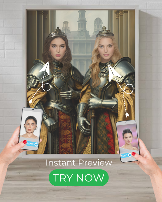 Custom portrait of royal guardian sisters in medieval armor, transformed from your own photos into stunning fantasy artwork.