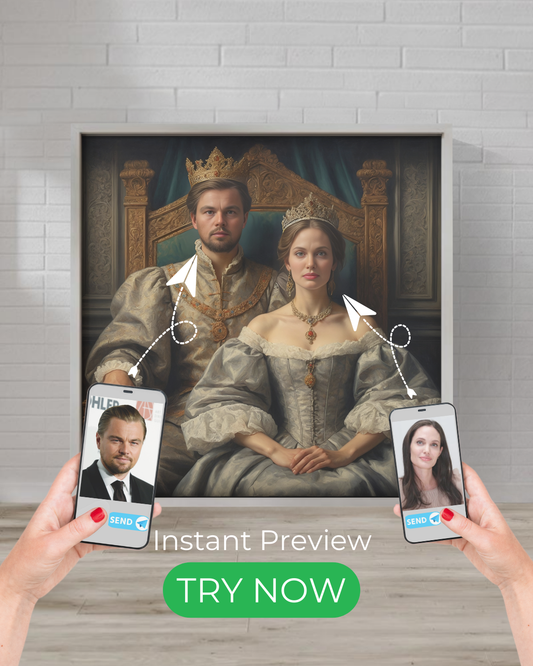 Royal custom portrait of a king and queen in a luxurious throne room. Transform your photo into a regal and elegant artwork with historical charm.