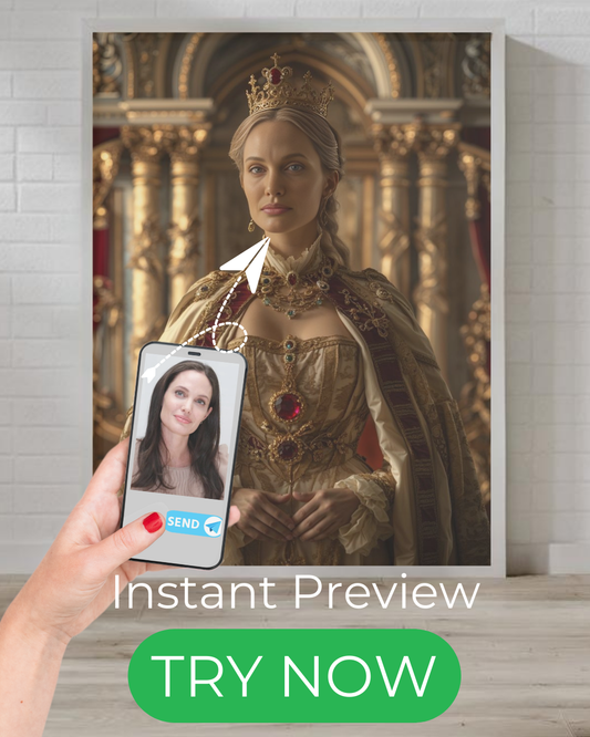 Custom queen portrait, personalized from a photo – Renaissance-style regal artwork, perfect Mother’s Day or birthday gift, available as digital or printed art.