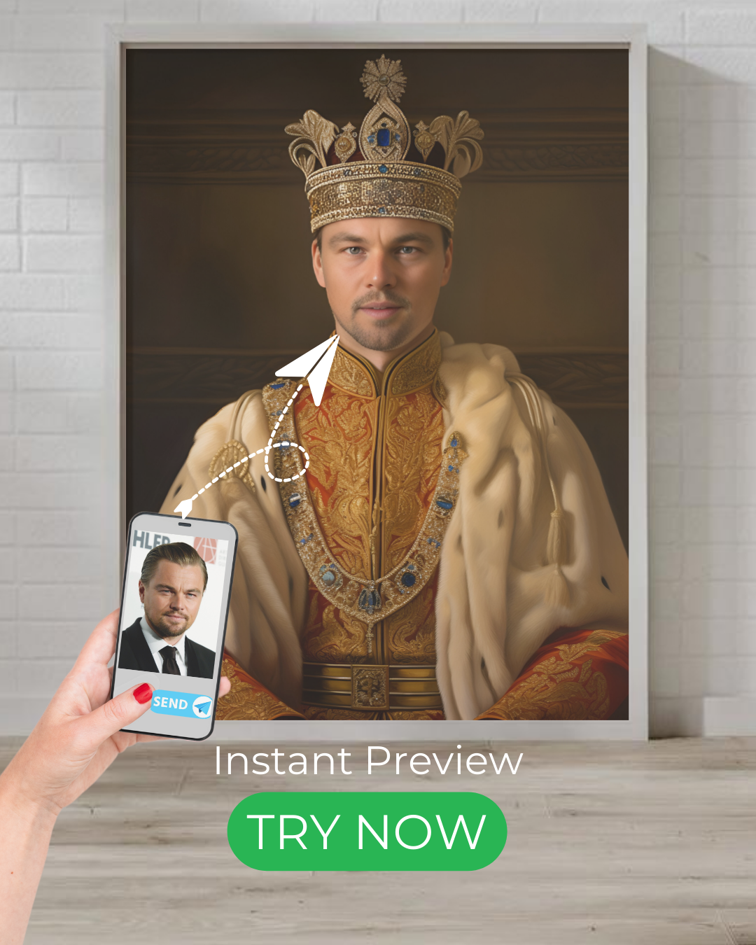 Custom royal portrait – transform your photo into a king’s regal artwork with a crown and luxurious robes.