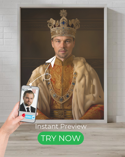 Custom royal portrait – transform your photo into a king’s regal artwork with a crown and luxurious robes.